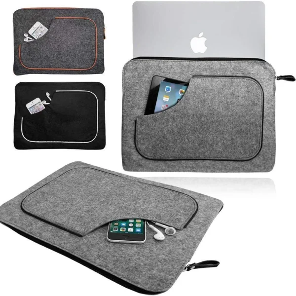 MAC BOOK 15 INC PRO Felt GREY Sleeve with BLACK RETRO PIPING Carrying Case